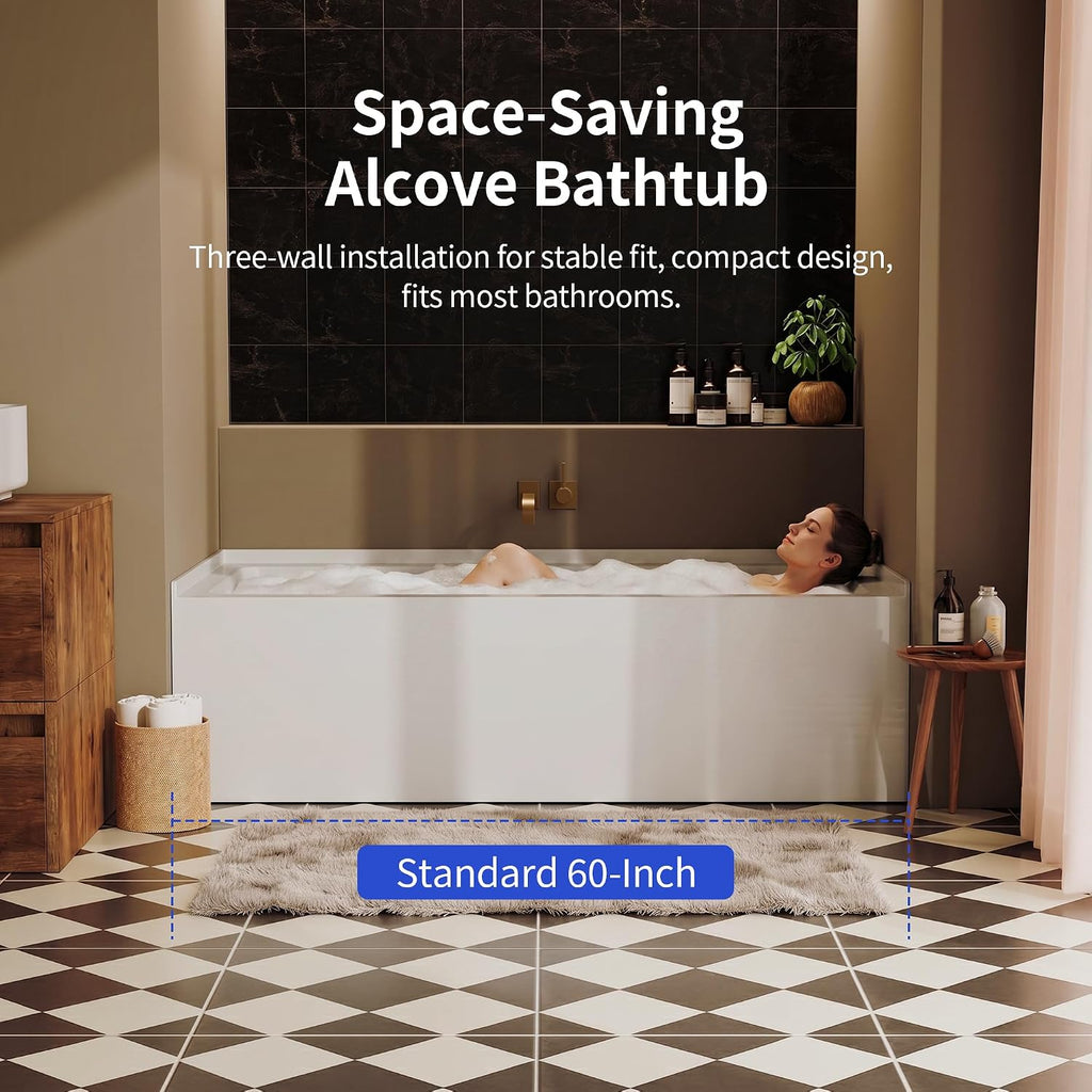DeerValley 60' x 30' Alcove Acrylic Bathtub, Left Drain Integrated Apron Soaking Bath Tub, Ergonomic Deep Soak Tub with Pop-Up Drain and Integrated Overflow System, White, DV-1T0195L
