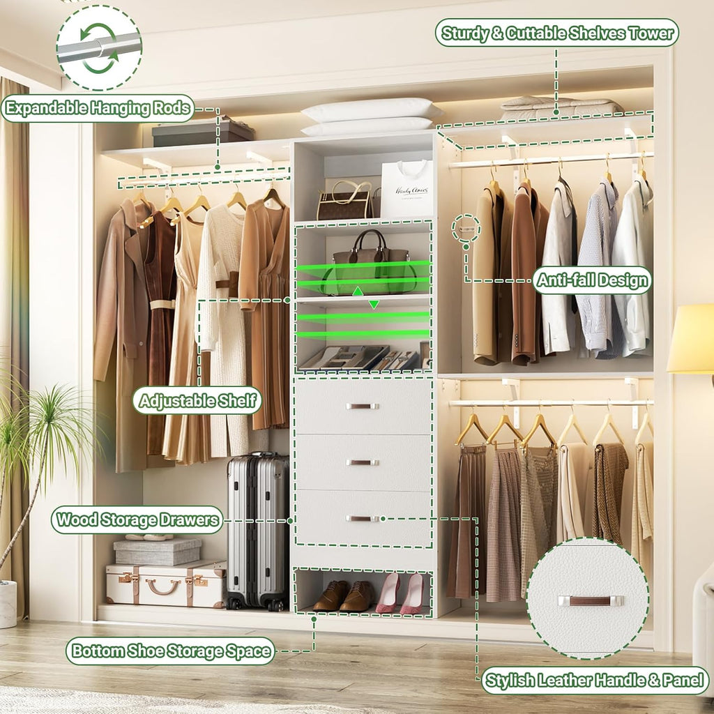 Closet System with 3 Drawers - 8FT Wood Closet Organizer with 3 Shelving Tower & Hanging Rods, 96' Walk-in Wardrobe Closet Organizer System for 4-8FT Spaces, Heavy Duty Garment Clothes Rack, White