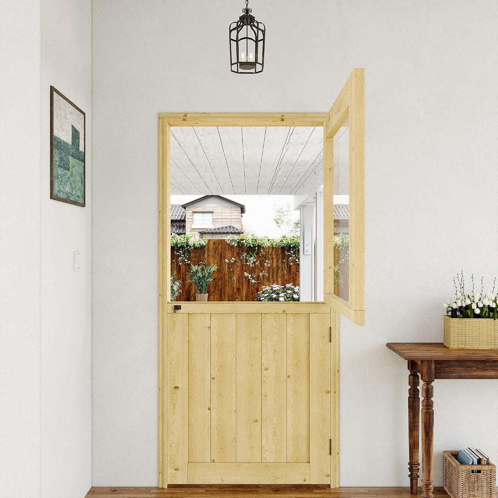 32' x 80' Exterior Prehung Dutch Door, Universal 1 Lite Tempered Clear Glass Split Single Doors, Solid Core Home Entry Door, Natural Pine Wood - with 4 Hinges & 1 Latch & Jamb, Jamb Assembly Needed