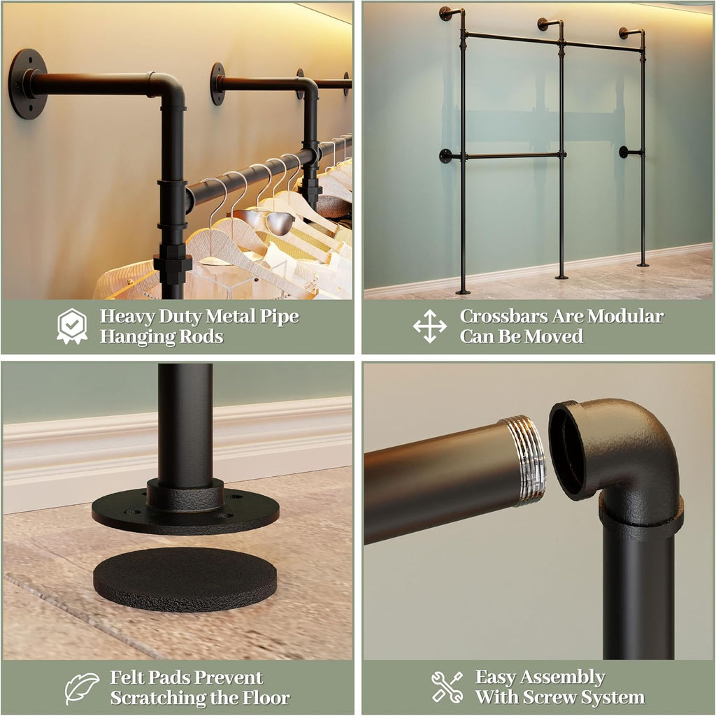Industrial Pipe Garment Rack, Reversible L - Shaped Wall - Mounted Clothing Rack, 70.9' Heavy Duty Closet Wardrobe System, Black Powder - Coated Steel for Walk - in Closet