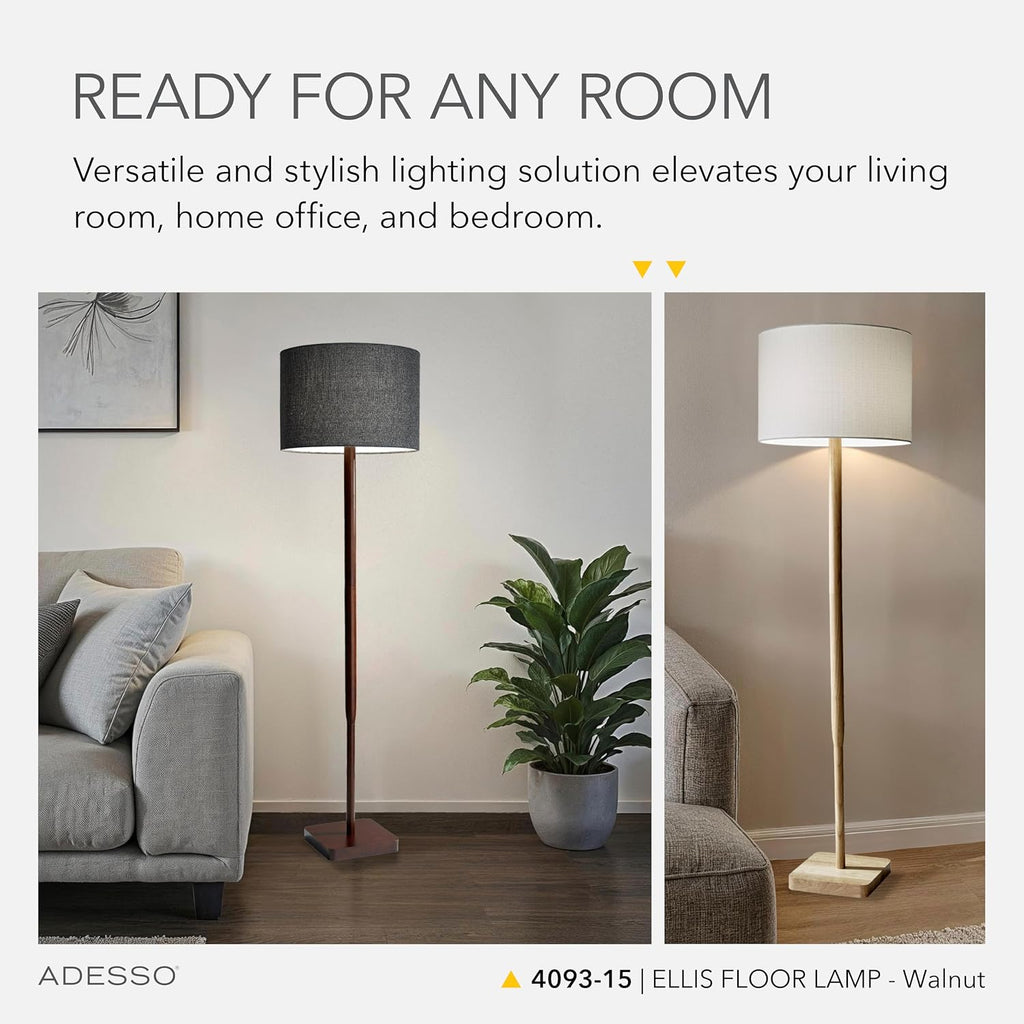 Adesso Floor Lamp with Walnut Rubberwood Base and Grey Fabric Lampshade – 58.5' x 16', 3-Way Adjustable Brightness, Lamp for Bedroom, Living Room, and House Decor