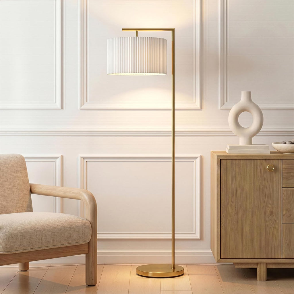 Brightech Montage Modern Floor Lamp - LED Standing Lamp with Tan Shade for Living Rooms & Offices - Bedroom Reading Light - Tall Corner Pole Lamp for Contemporary Home Decor - Antique Brass