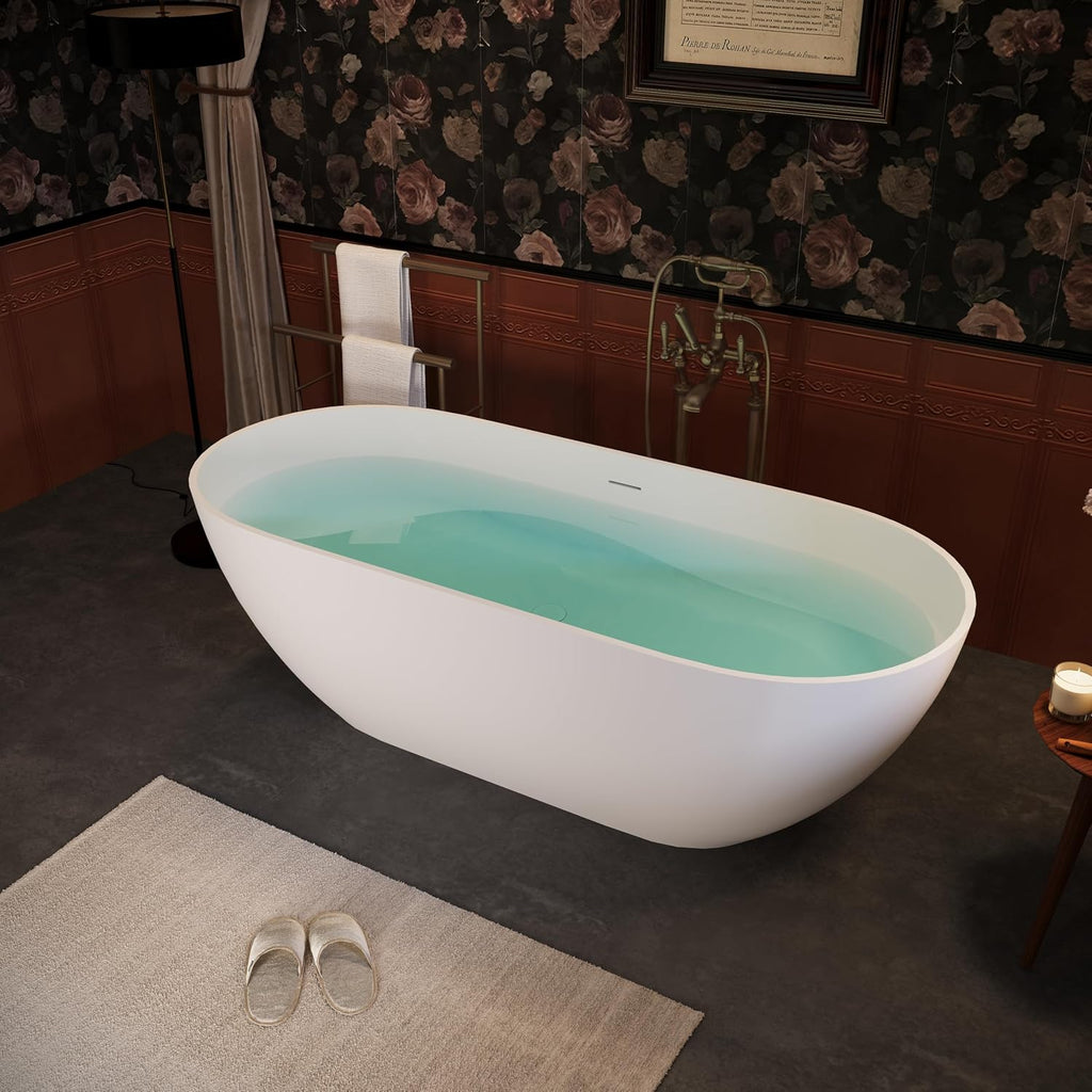 59' Freestanding Solid Bathtub, Luxury Engineered Stone Resin Freestanding Soaking Bathtub with Overflow and Pop up Drain for Bathroom, Matte White 24S03 59MW