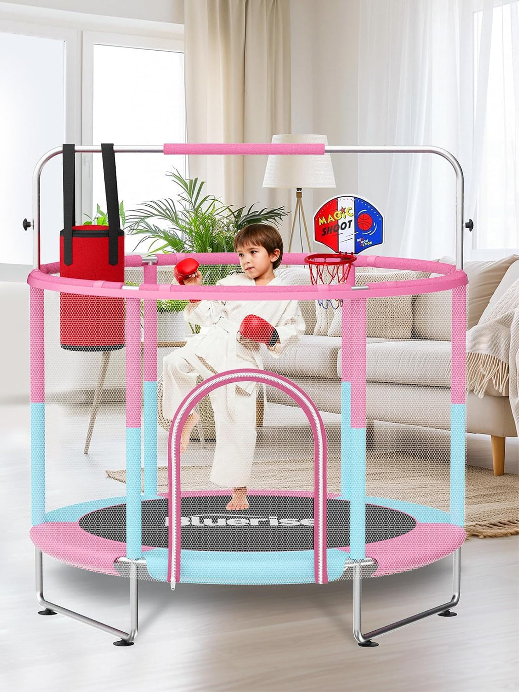 BLUERISE 60' Trampoline for Kids 5FT Toddler Trampolines Indoor/Outdoor with Adjustable Gymnastics Bar & Safety Net, No-Gap Design, Anti-Rollover Bottom, Basketball Hoop, Gifts for Boys & Girls