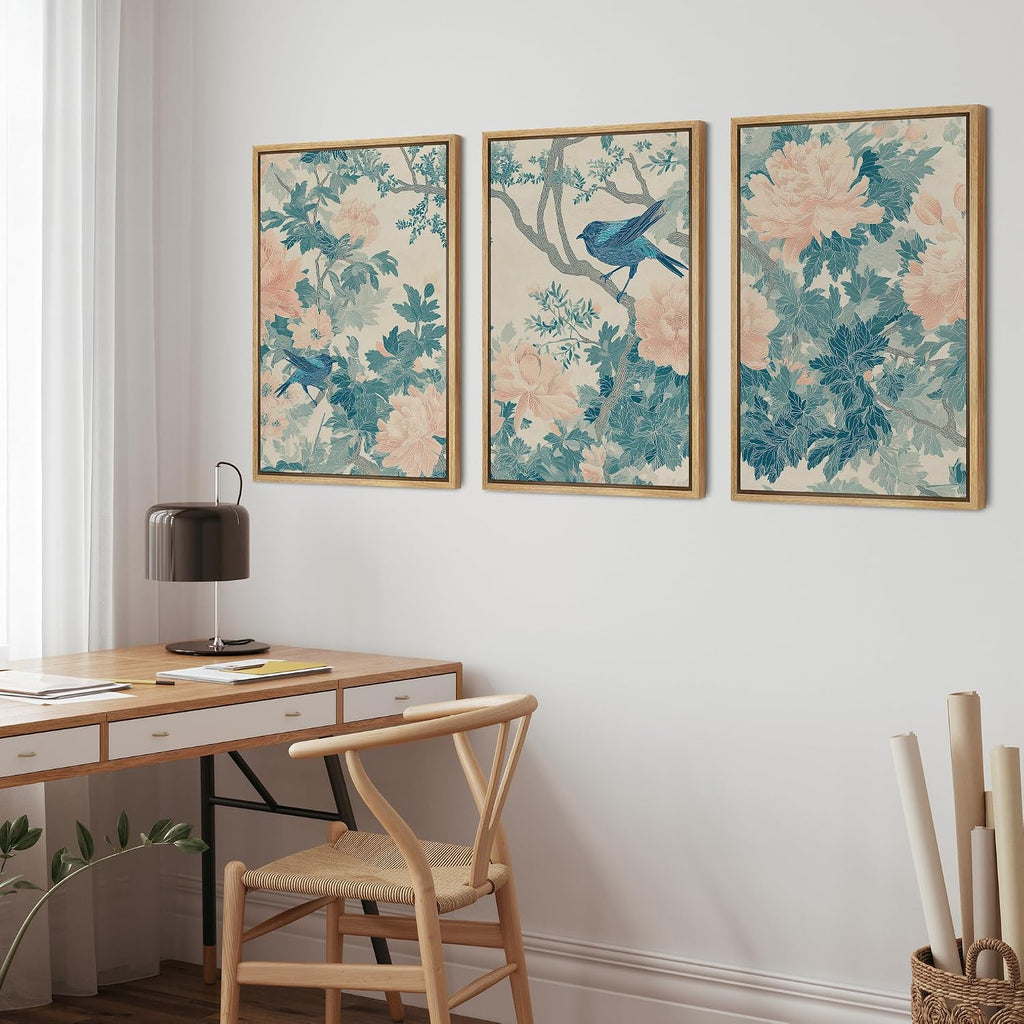 wall26 Framed Print Wall Art Set Elegant Blue Bird and Peony Floral Pattern Decorative Minimal Relax/Zen for Living Room, Bedroom, Office - 16'x24'x3 NATURAL