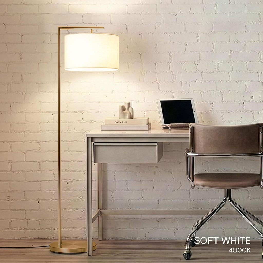Brightech Montage Modern Floor Lamp - LED Standing Lamp with Tan Shade for Living Rooms & Offices - Bedroom Reading Light - Tall Corner Pole Lamp for Contemporary Home Decor - Antique Brass