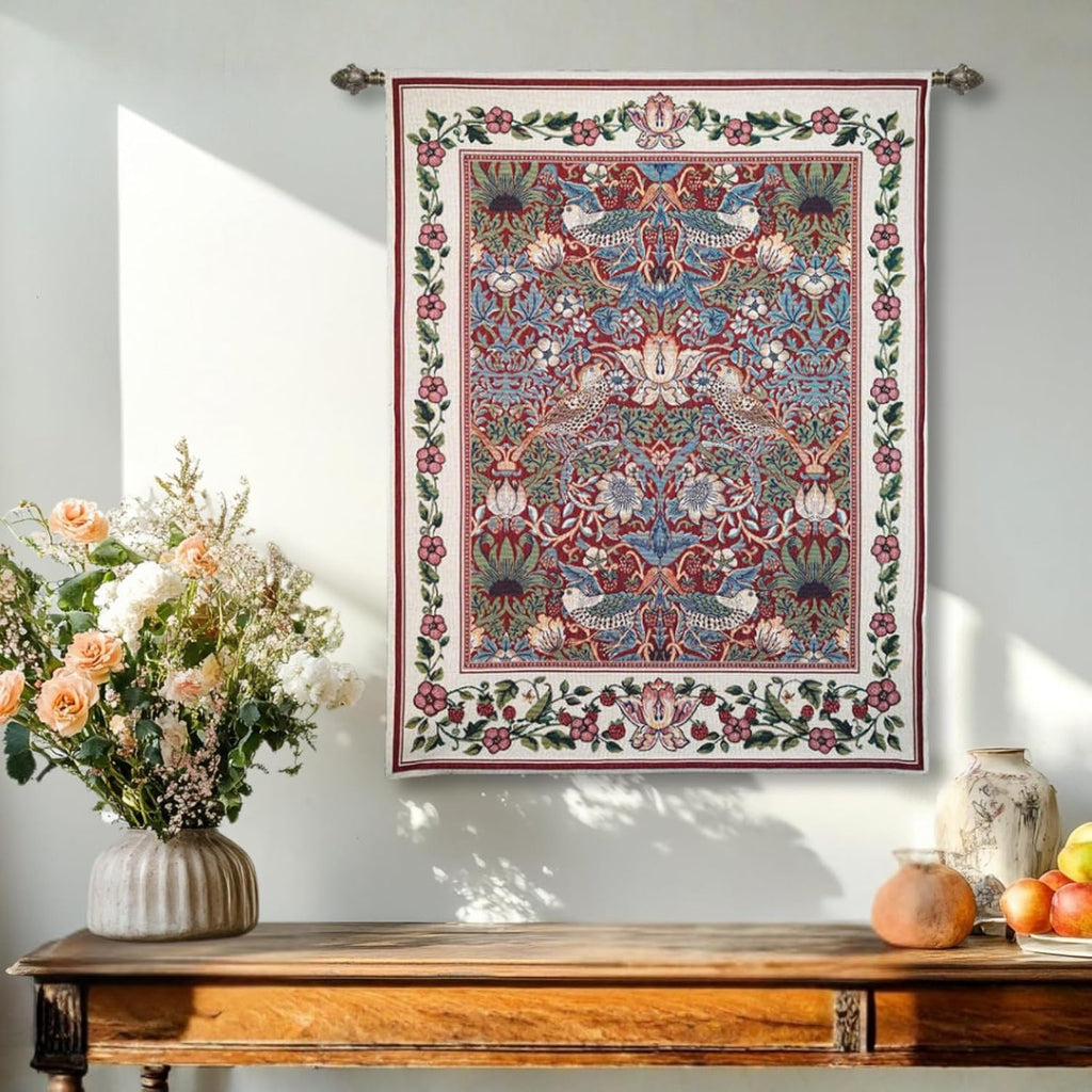 ORIMONY William Morris Strawberry Thief Tapestry - Vintage Floral Bird Art, Medieval Jacquard Woven Tapestry Wall Hanging for Living Room & Bedroom Size 27'x35' (Red)