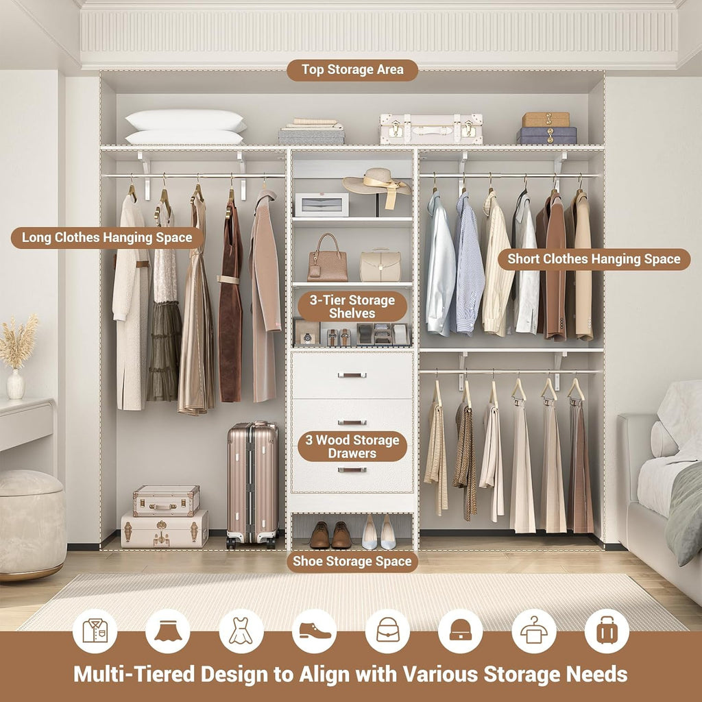 Closet System with 3 Drawers - 8FT Wood Closet Organizer with 3 Shelving Tower & Hanging Rods, 96' Walk-in Wardrobe Closet Organizer System for 4-8FT Spaces, Heavy Duty Garment Clothes Rack, White
