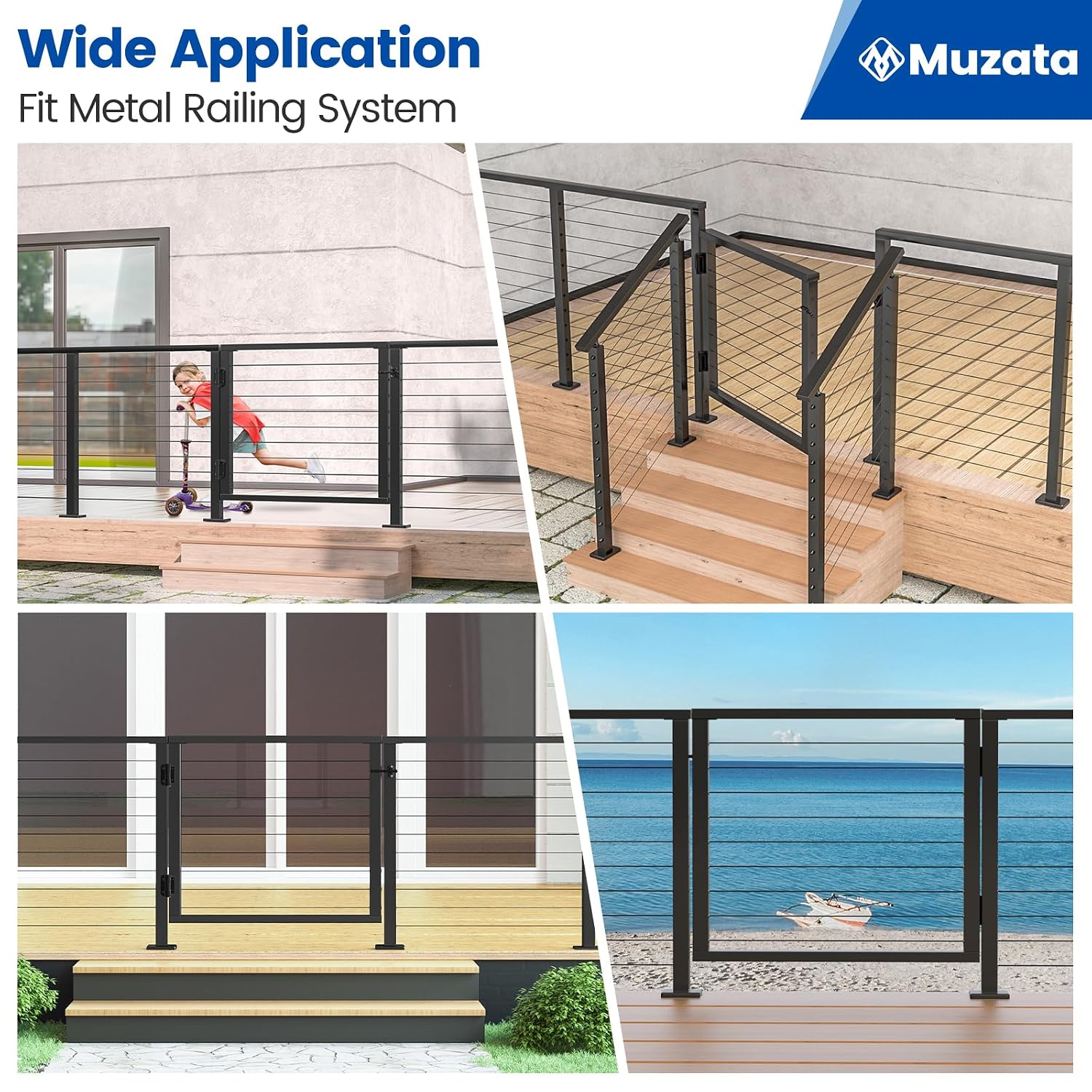 Muzata Aluminium Cable Railing Gate Black for Wood Metal 36' Cable Railing System Outdoor Seaside 36 1/32'' W X 32 13/32' H, DG01 BPA