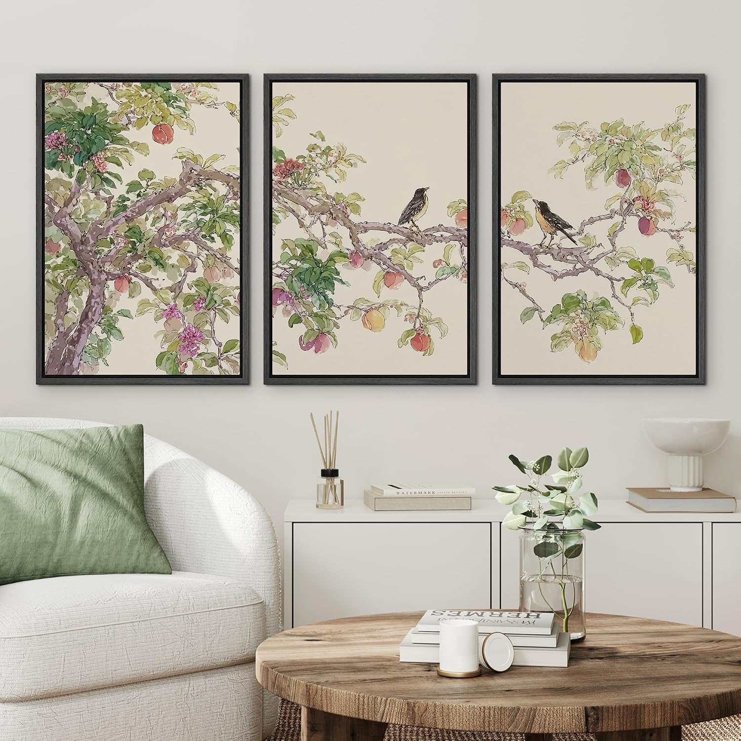 wall26 Framed Print Wall Art Set Watercolor Fruit Tree Branch with Birds Botanical Decorative Minimal Relax/Zen for Living Room, Bedroom, Office - 16'x24'x3 BLACK