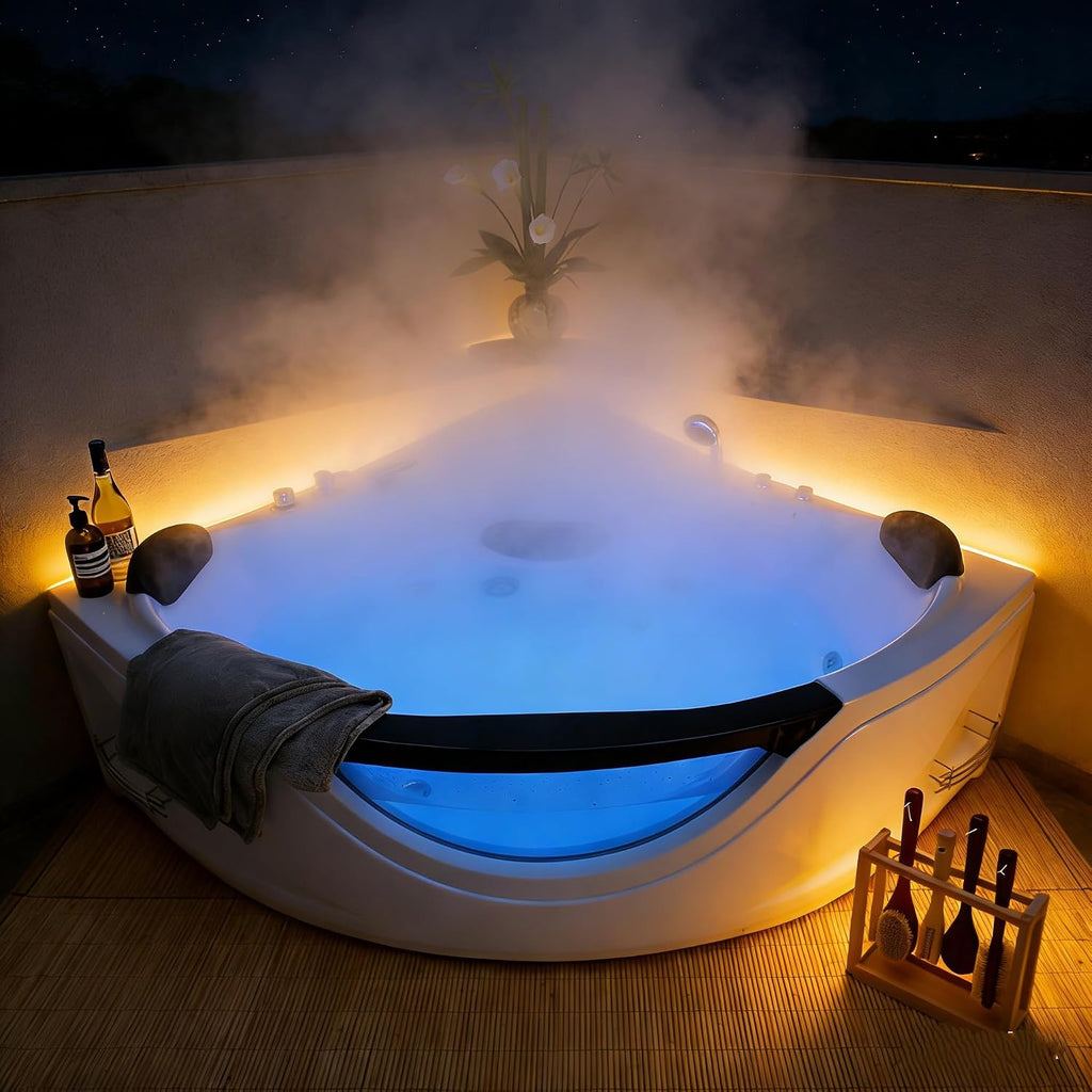 Favfurish 59' Corner Whirlpool Bathtub,Jetted Spa Tub w/ 6 Hydro Massage Jets, Freestanding Heated Soaking Combination Bathtub w/Chromatherapy LED Lights, UL Certified Water Pump,UPC Certified Drainer