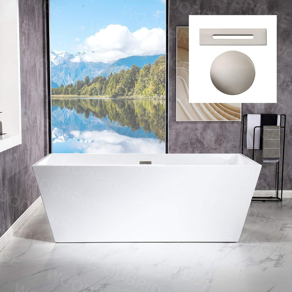 WOODBRIDGE 67' Acrylic Freestanding Bathtub Contemporary Soaking White Tub with Brushed Nickel Overflow and Drain，BTA1512-B/N-Drain&O