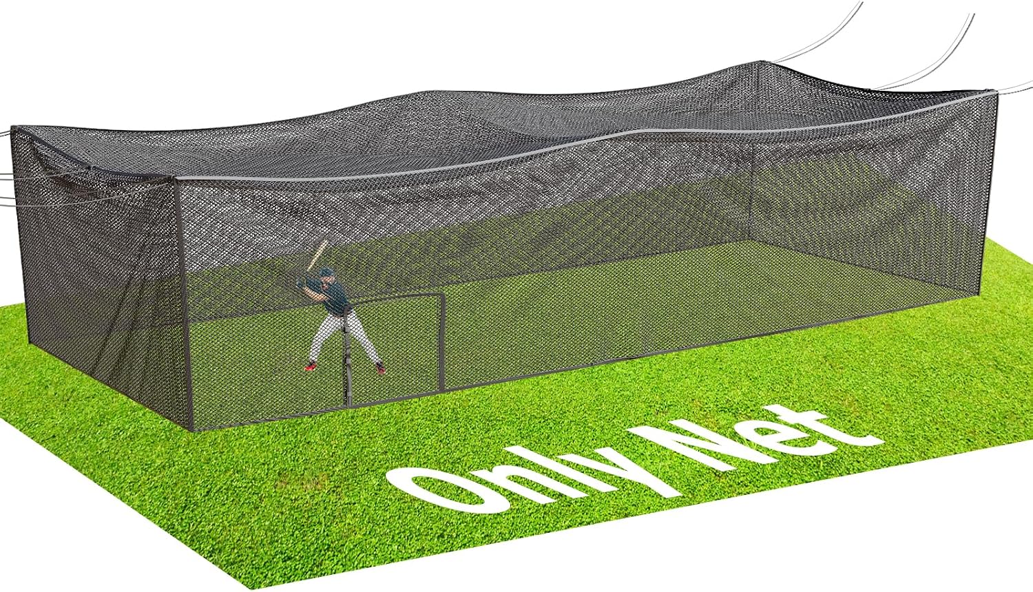 Batting Cage Net, UV-Stabilized HDPE, Black, 1-3/4' Square Mesh, Square-Hung, 1/4' Border Rope, Side Door – Baseball & Softball Netting – Sizes: 8x8x20ft,10x10x35ft,12x12x55ft, 12x14x70ft