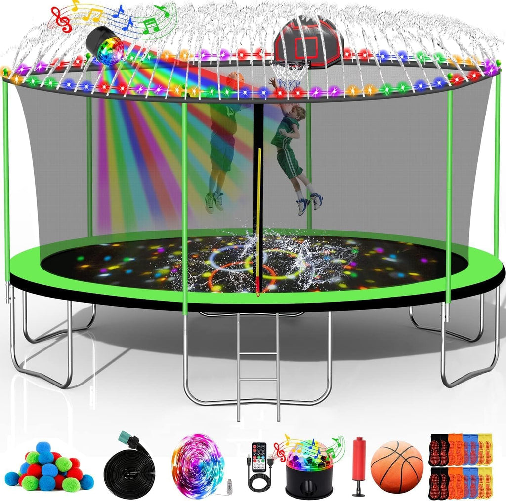1500 LBS 16FT for Adults and Kids with Sprinkler, Lights with Speaker, Basketball Hoop, Ladder, Safety Enclosure Net, Water Ball, 16 Socks, Outdoor Heavy Duty Recreational - ASTM CPC CPSIA