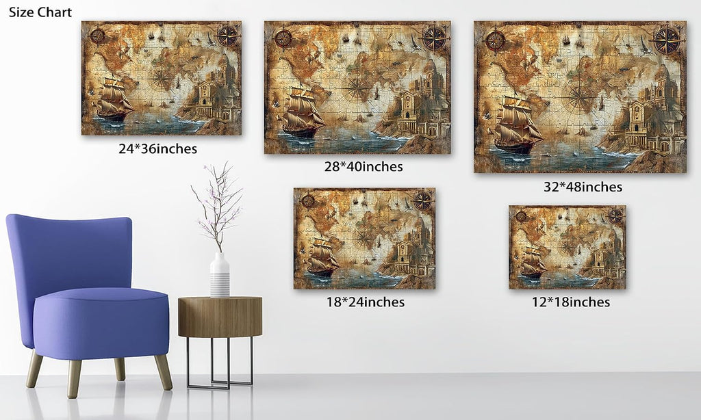 Vintage World Map Wall Art, Nautical World Map Backdrop Canvas Print, Travel Map Art Framed Artwork for Office Decor, Old Treasure Map Poster Painting Picture for Living Room Wall Decor 32x48 Inches