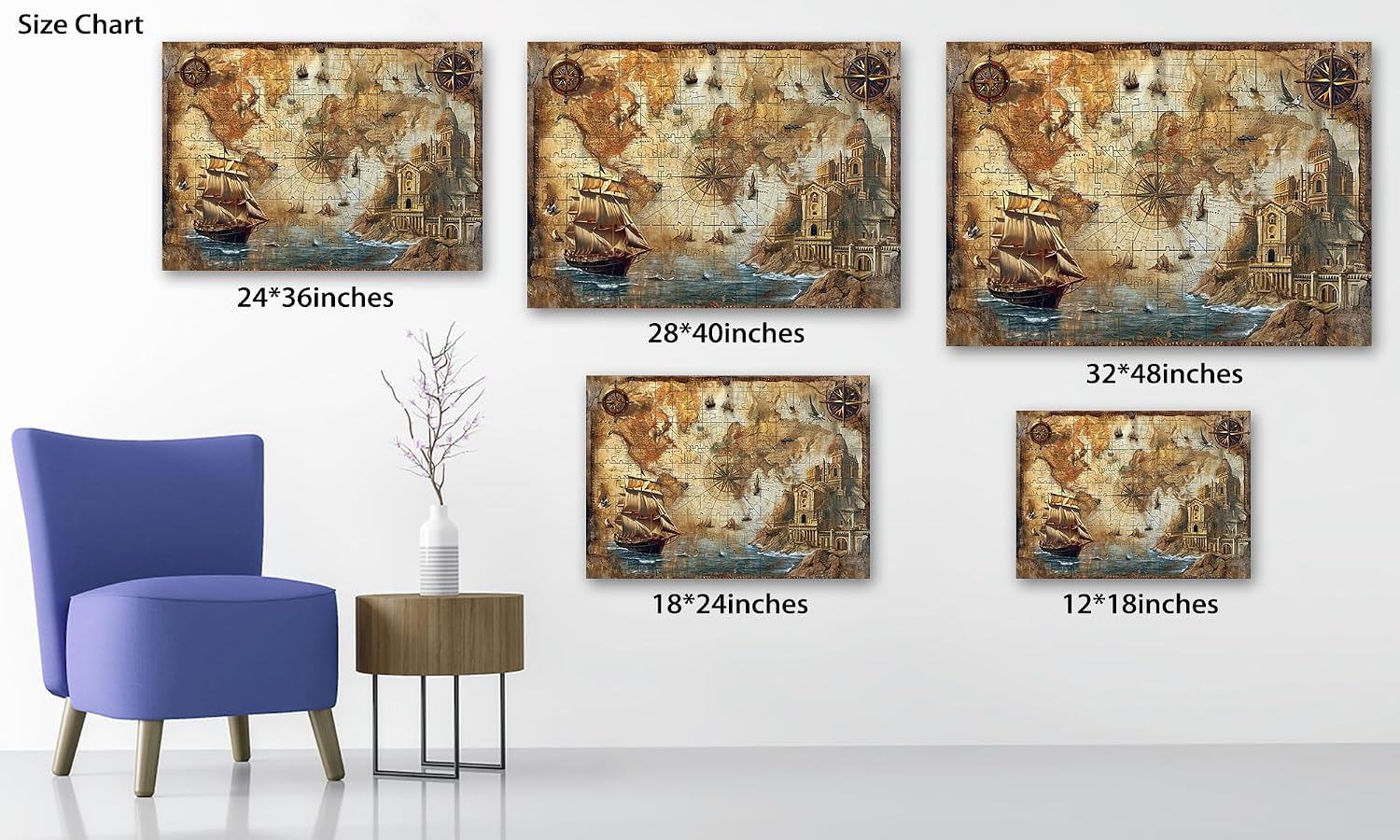Vintage World Map Wall Art, Nautical World Map Backdrop Canvas Print, Travel Map Art Framed Artwork for Office Decor, Old Treasure Map Poster Painting Picture for Living Room Wall Decor 32x48 Inches