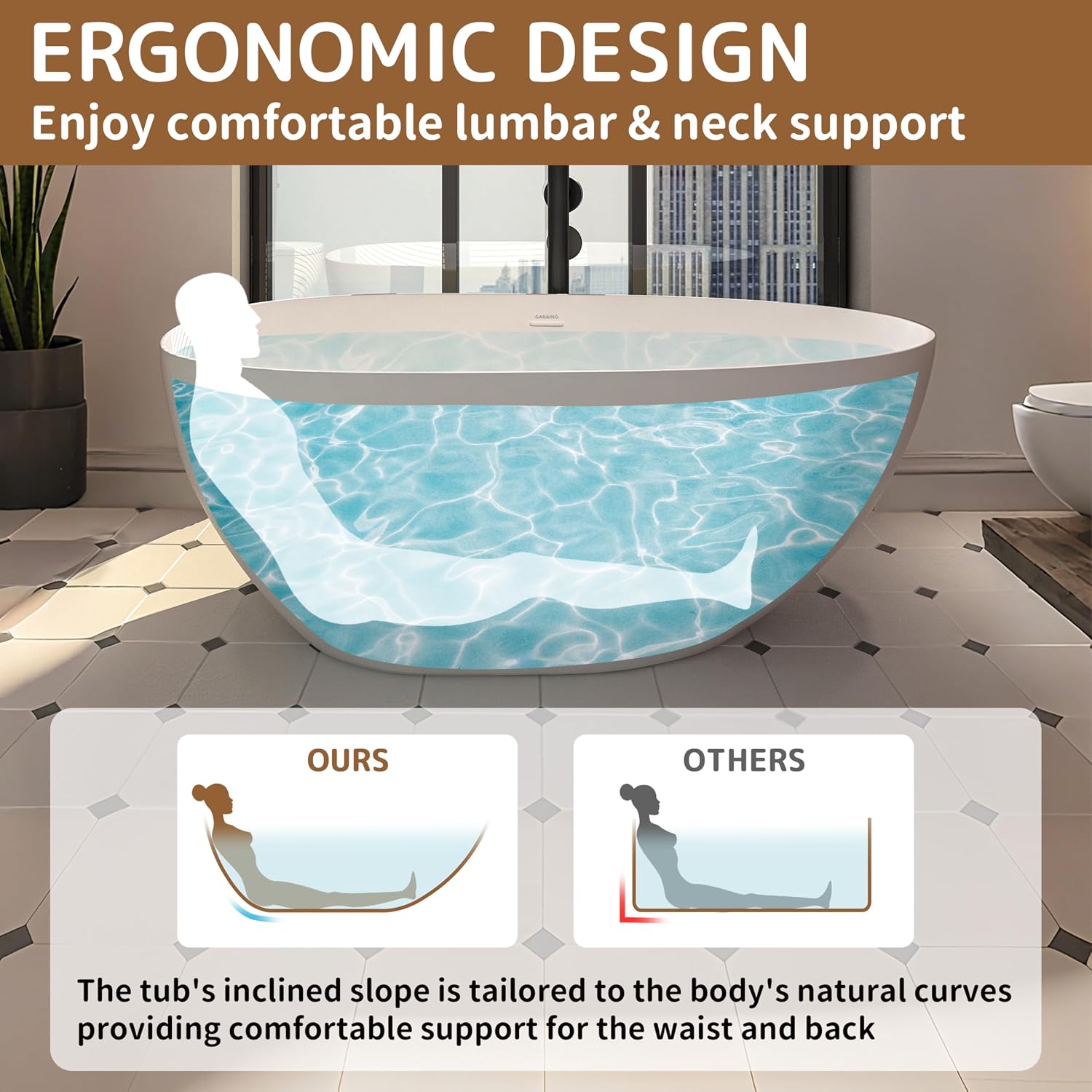 CASAINC 59'' Resin Stone Freestanding Bathtub, Solid Surface Matte White Free Standing Tub, Egg Shape Stand Alone Soaking Tubs with Drain, Drain Hose & Sanding Paper