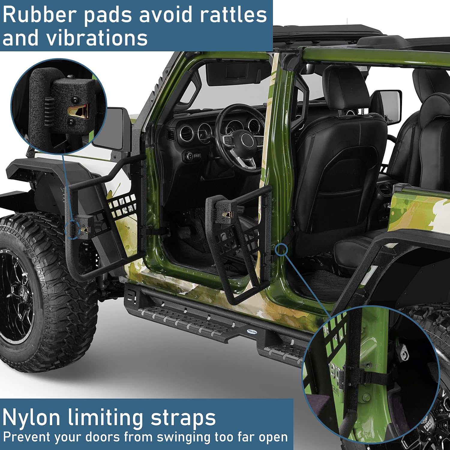 Hooke Road Wrangler/Gladiator Off-Road Front & Rear Tubular Half Door Guards for 2018-2025 Jeep Wrangler JL Unlimited & Gladiator JT, Open-Air Driving Feel, Secure Steel Latch Design