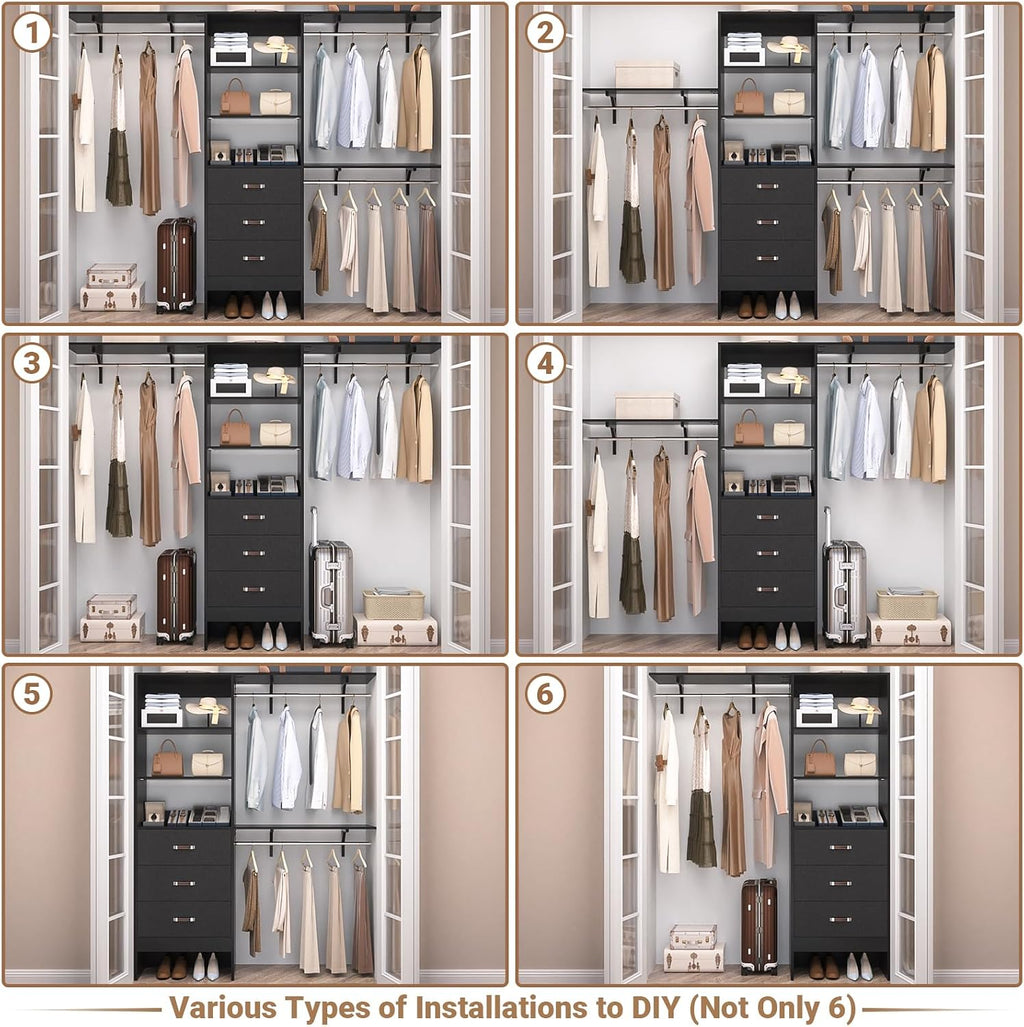 Closet System with 3 Drawers - 8FT Wood Closet Organizer with 3 Shelving Tower & Hanging Rods, 96' Walk-in Wardrobe Closet Organizer System for 4-8FT Spaces, Heavy Duty Garment Clothes Rack, Black