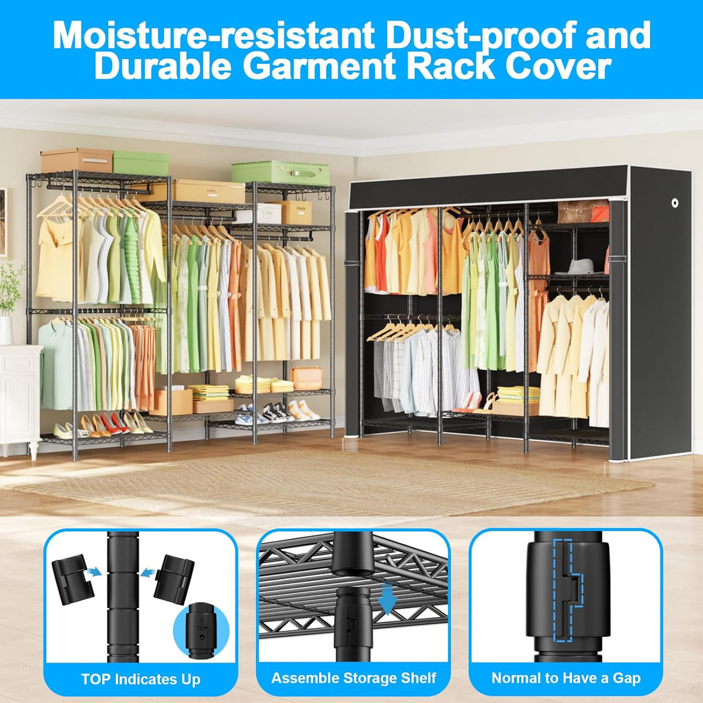 Ulif E10 (With Stretchable Hanger Rod) and E13C (With Dustproof Cover) Closet Organizer System, Freestanding Clothing Racks for Hanging Clothes，Adjustable Garment Rack