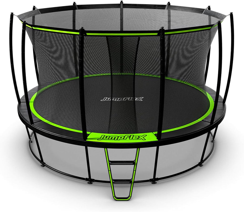 JumpFlex Hero Round Outdoor Backyard Trampoline with Net Safety Enclosure and Ladder - Heavy-Duty Jumping Trampoline Play Equipment for Family