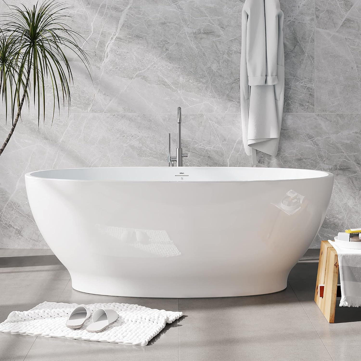 FerdY Koh Samui 65' Freestanding Bathtub, Elegant Oval Shape, Double Walled Insulation Bathtub with Center Brushed Nickel Drain & Minimalist Linear Design Overflow