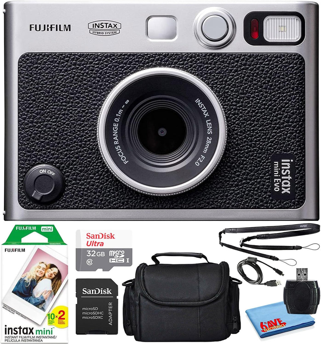 Fujifilm Instax Mini EVO Hybrid Instant Film Camera (Black) (16745183) Bundle with 20 Instant Film Sheets + 32GB Memory Card + Small Padded Case + SD Card Reader + Microfiber Cleaning Cloth
