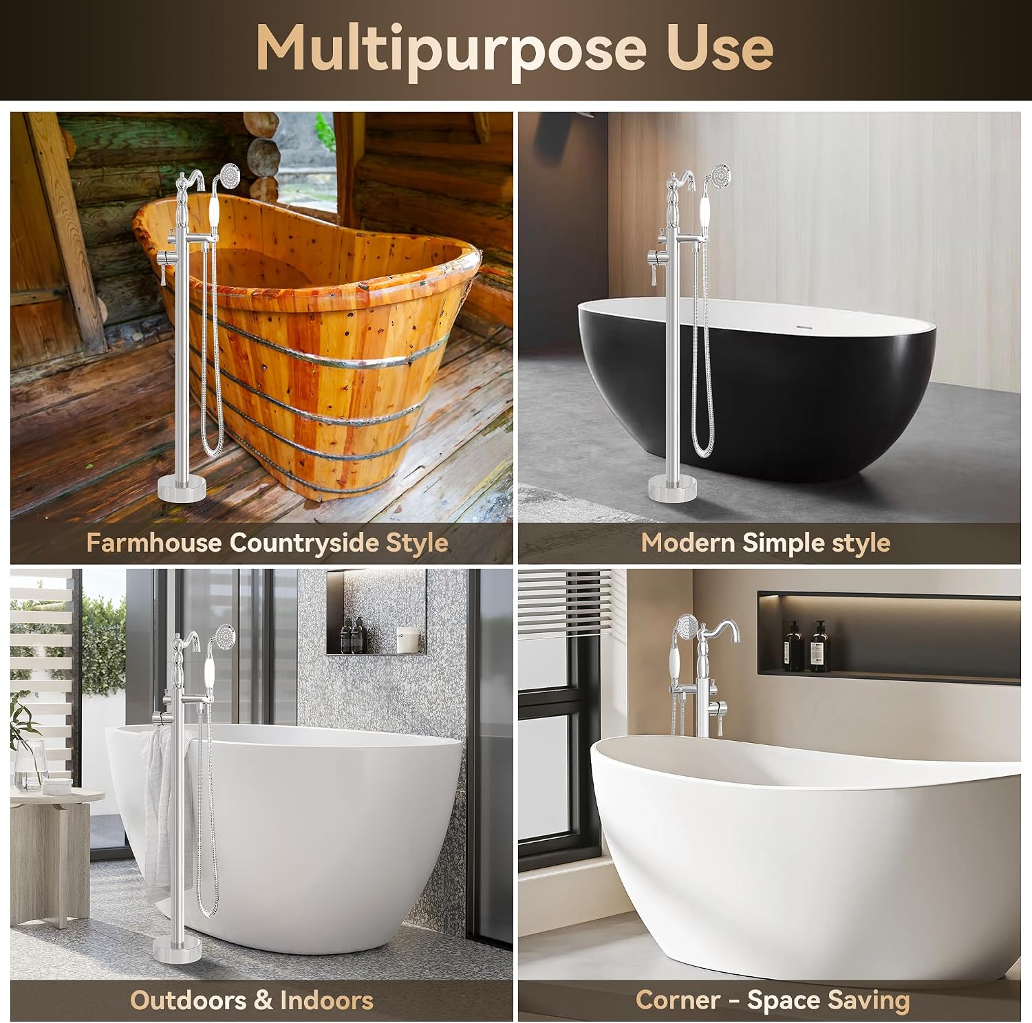 SUPERFLO Freestanding Bathtub Faucet Chrome Tub Fillers Freestanding, Brass Free Standing Tub Faucet Floor Mounted Tub Faucet With Ceramic Retro Hand Shower & Water Hose