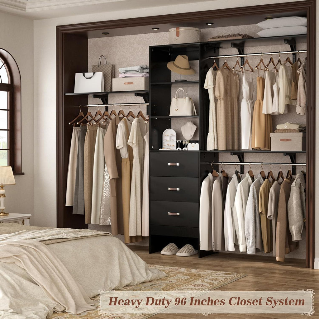 Armocity 96' Wood Closet System with 3 Enclosed Drawers & 3 Solid Shelves, 8FT Adjustable Closet Organizers and Storage, Heavy Duty Modular Wardrobe for Reach-In & Walk-In, 1000 LBS Load, Black