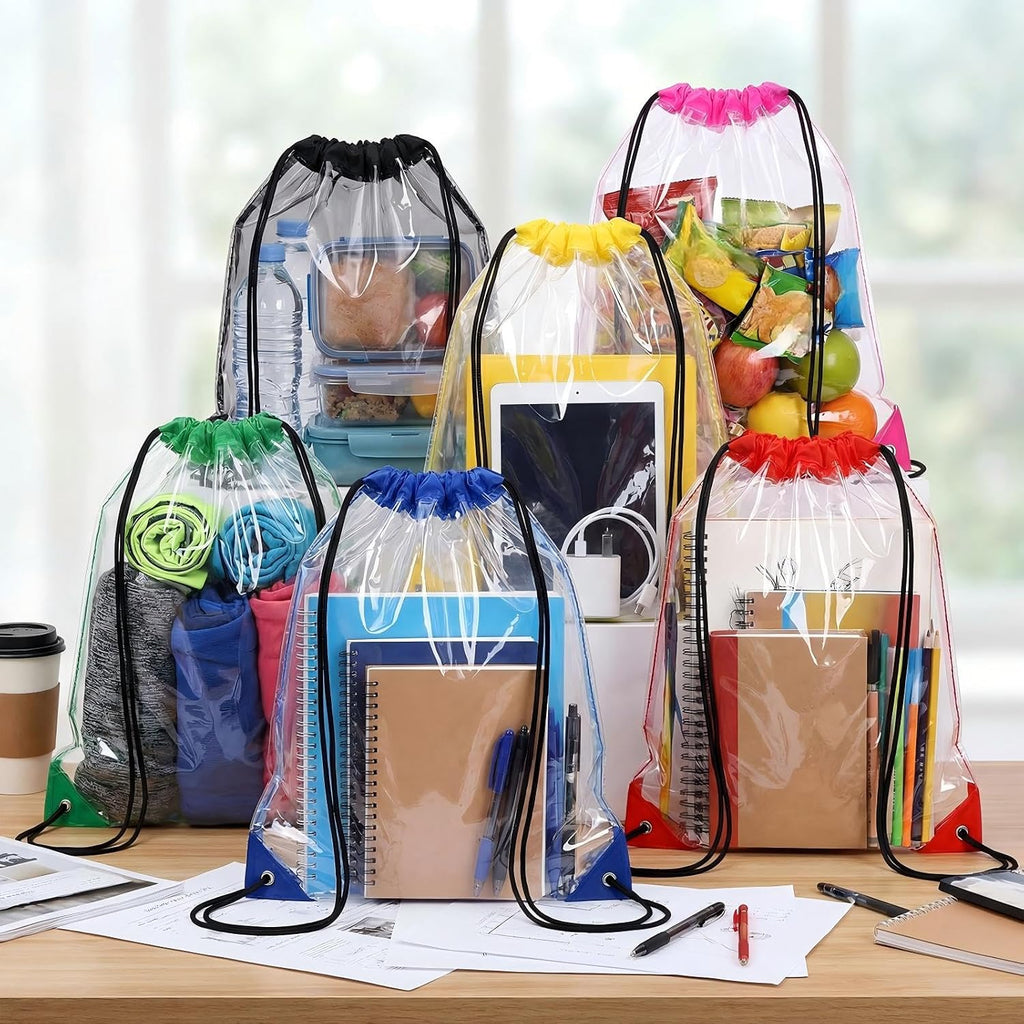 Shappy 120 Pcs Clear Drawstring Bag Plastic Drawstring Backpack Clear Waterproof PVC Backpack for Stadiums Sporting Events (Black,Red,Yellow,Green,Blue,Purple)