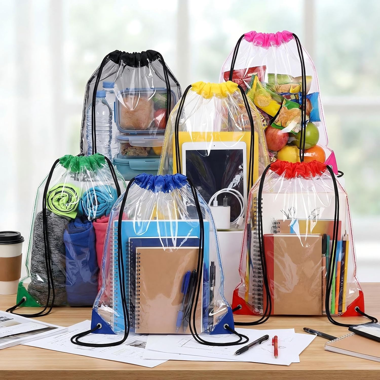 Shappy 120 Pcs Clear Drawstring Bag Plastic Drawstring Backpack Clear Waterproof PVC Backpack for Stadiums Sporting Events (Black,Red,Yellow,Green,Blue,Purple)