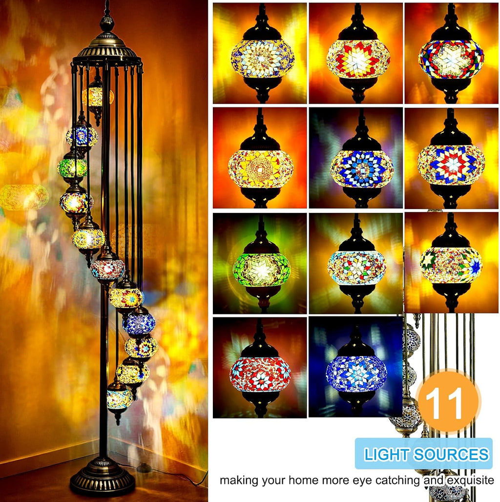 Hortsun Turkish Lamp Moroccan Floor Lamp Handmade Globe Living Floor Lighting Bohemia Standing Lighting for Decorative Home Designs(Floor,11 Globes Style)