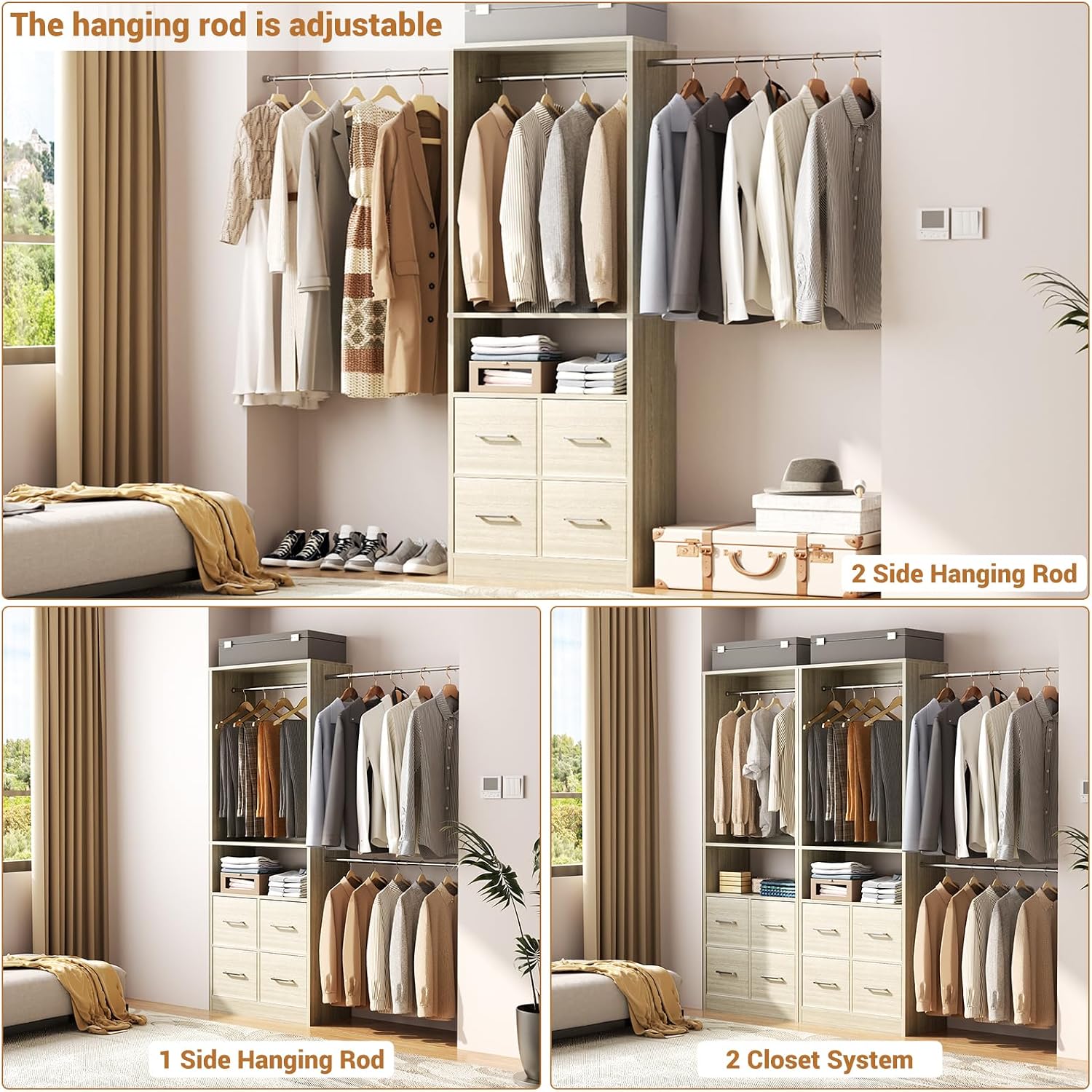 8FT Closet System, 96 Inch Closet Organizer System with 4 Fabric drawers, Heavy Duty Clothing Rack with Hanging Rods, Walk In Mounted Closet System, Built-In Clothes Garment Rack, Oak