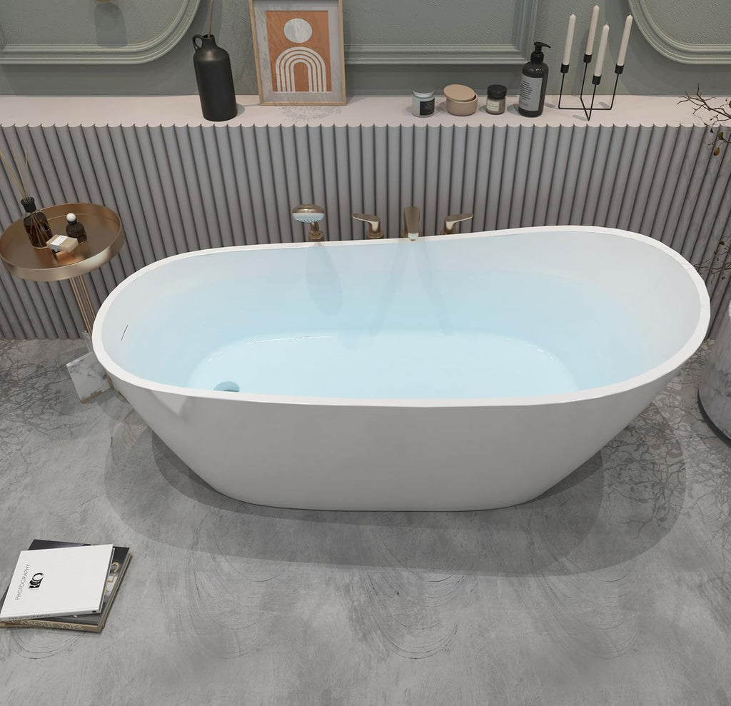 Acrylic Freestanding Contemporary Soaking Tub A29-59 Series 59' Bathtub White Modern Stand Alone Tub with Overflow and Pop-up Drain