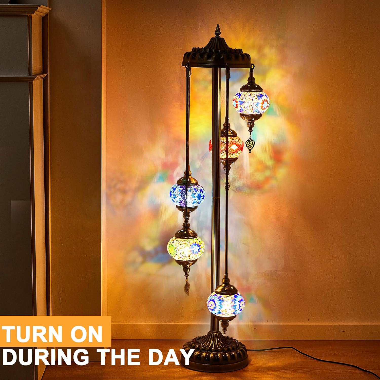 Hortsun Turkish Lamp Moroccan Floor Lamp Handmade Globe Living Floor Lighting Bohemia Standing Lighting for Decorative Home Designs(Floor,5 Globes Style)