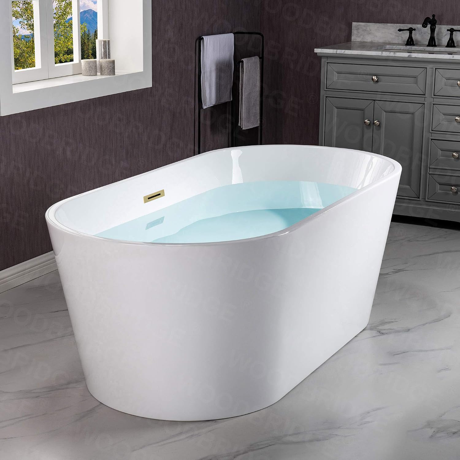 WOODBRIDGE 59' Freestanding White Acrylic Soaking Bathtub with Brushed Gold Drain and Overflow,BTA1514 -BG-Drain &O