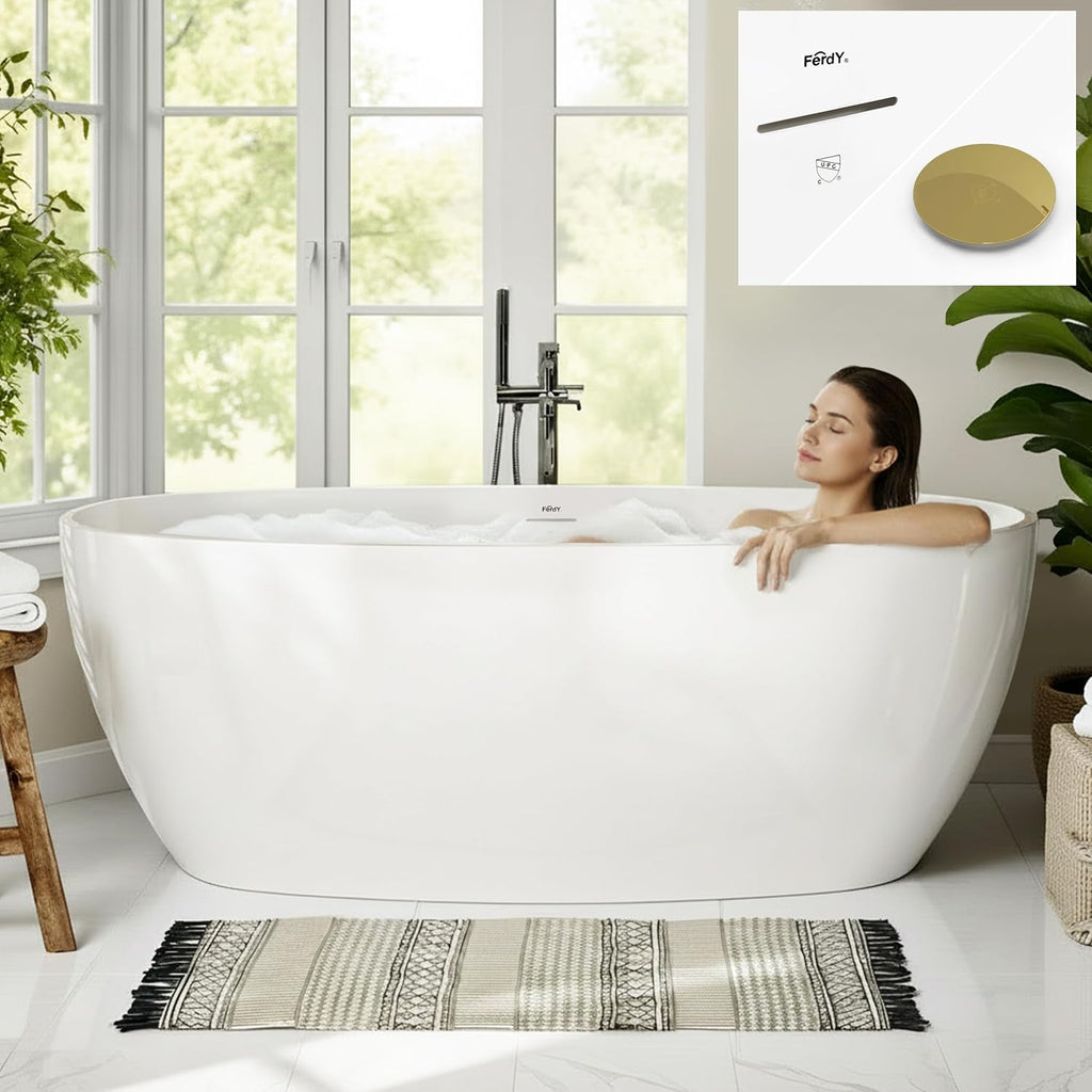 FerdY 67' Acrylic Freestanding Bathtub, Contemporary Soaking tub with Polished Gold Drain & Overflow, cUPC Certified, Elegant Oval Shape, Tahiti