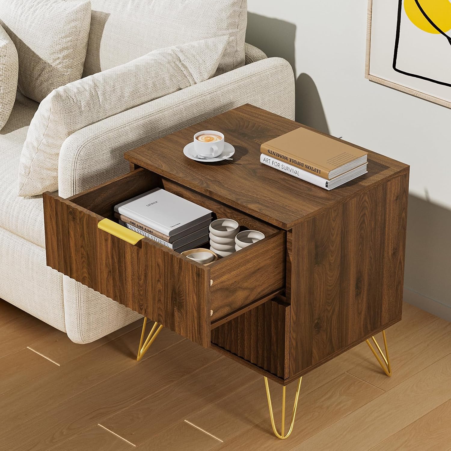 Set of 2 Nightstand, Mid Century Modern Night Stand Bedside Table with 2 Storage Drawer, Bed Side End Table with Golden Handles and Legs for Bedroom, Walnut