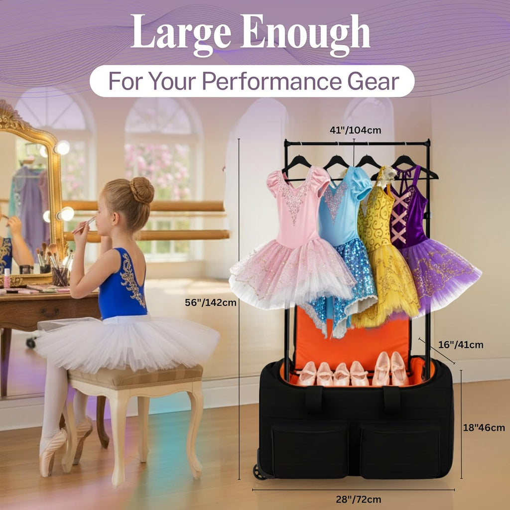 28-Inch Heavy-Duty Rolling Dance Bag with Garment Rack, Upgraded Stable Rack System, Smooth-Rolling Wheels & Telescoping Handle, 900D Waterproof Fabric, Multiple Pockets, Competition Travel Duffel