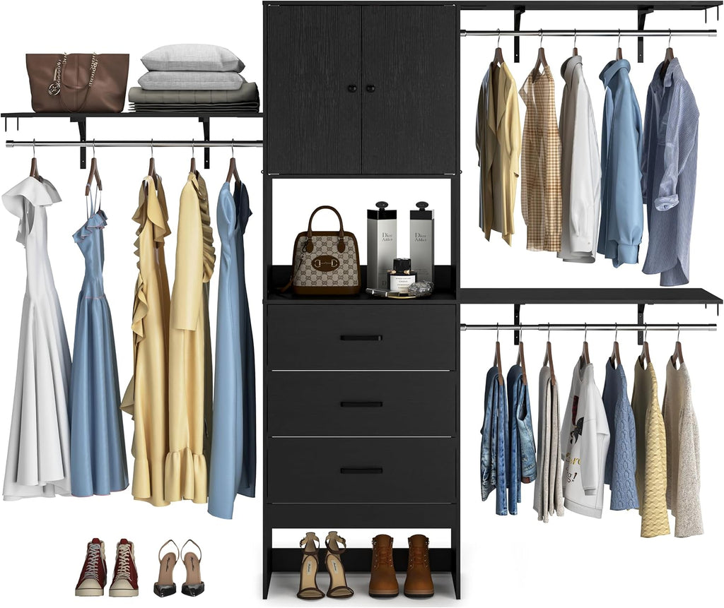 Armocity 96 Inches Closet System with Doors, 8FT Walk In Closet Organizer with 3 Shelving Towers, Heavy Duty Clothes Garment Rack with 3 Wood Drawers, 96' L x 16' W x 80' H, Max Load 1000 LBS, Black