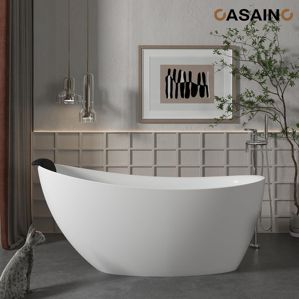 CASAINC 59'' Resin Stone Freestanding Bathtub with Pillow, Matte White Free Standing Bathtub Contemporary Soaking Stand Alone Tub, Overflow & Pop-up Drain, Drain Hose & Sanding Paper