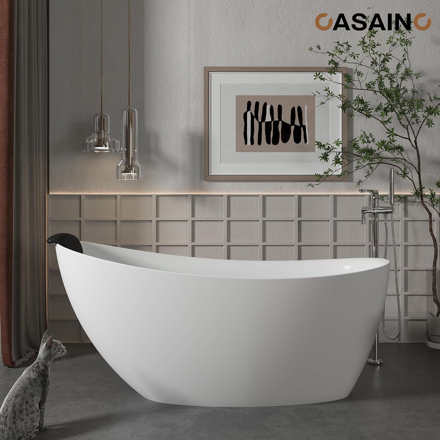 CASAINC 59'' Resin Stone Freestanding Bathtub with Pillow, Matte White Free Standing Bathtub Contemporary Soaking Stand Alone Tub, Overflow & Pop-up Drain, Drain Hose & Sanding Paper