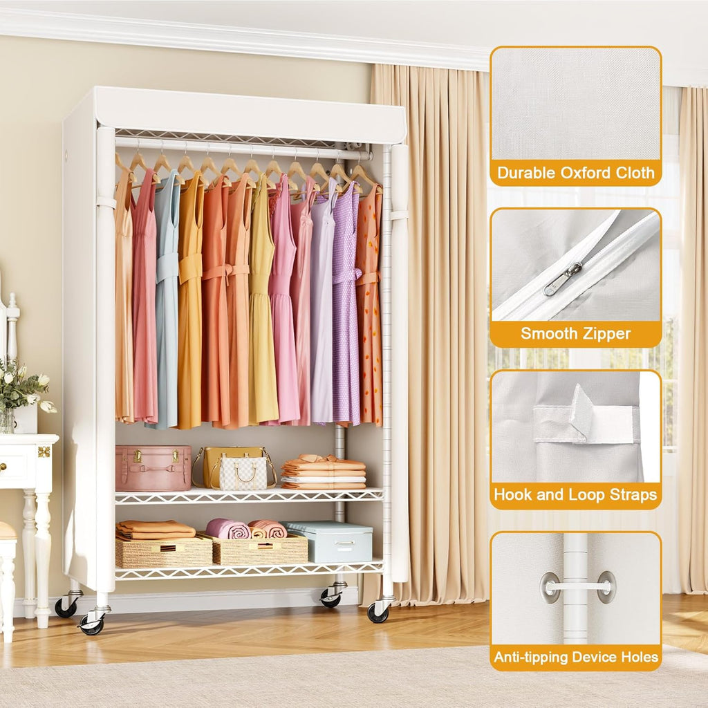 ULIFHOME P6C Rolling Clothes Rack with Cover, Covered Clothing Racks Heavy Duty, Portable Closet for Hanging Clothes, Garment Racks on Wheels, White Closet Rack with White Cover, Max Load 365LBS