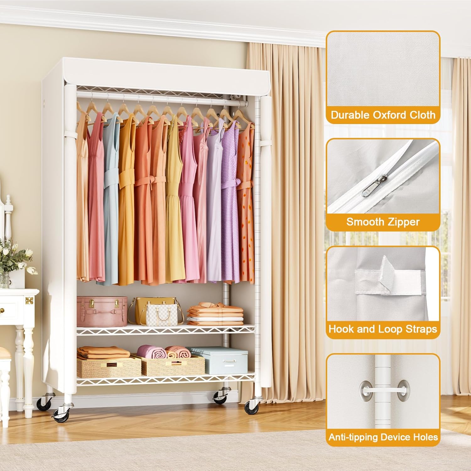 ULIFHOME P6C Rolling Clothes Rack with Cover, Covered Clothing Racks Heavy Duty, Portable Closet for Hanging Clothes, Garment Racks on Wheels, White Closet Rack with White Cover, Max Load 365LBS