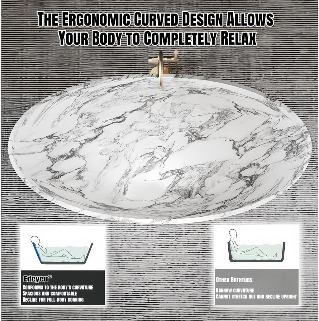 67' Edeyeu Freestanding Bathtub – Solid Surface Bathtub With Marble Texture, Extra Deep Soaking Tub, Luxury Stand Alone Tub For Modern Bathroom Ergonomic Design White