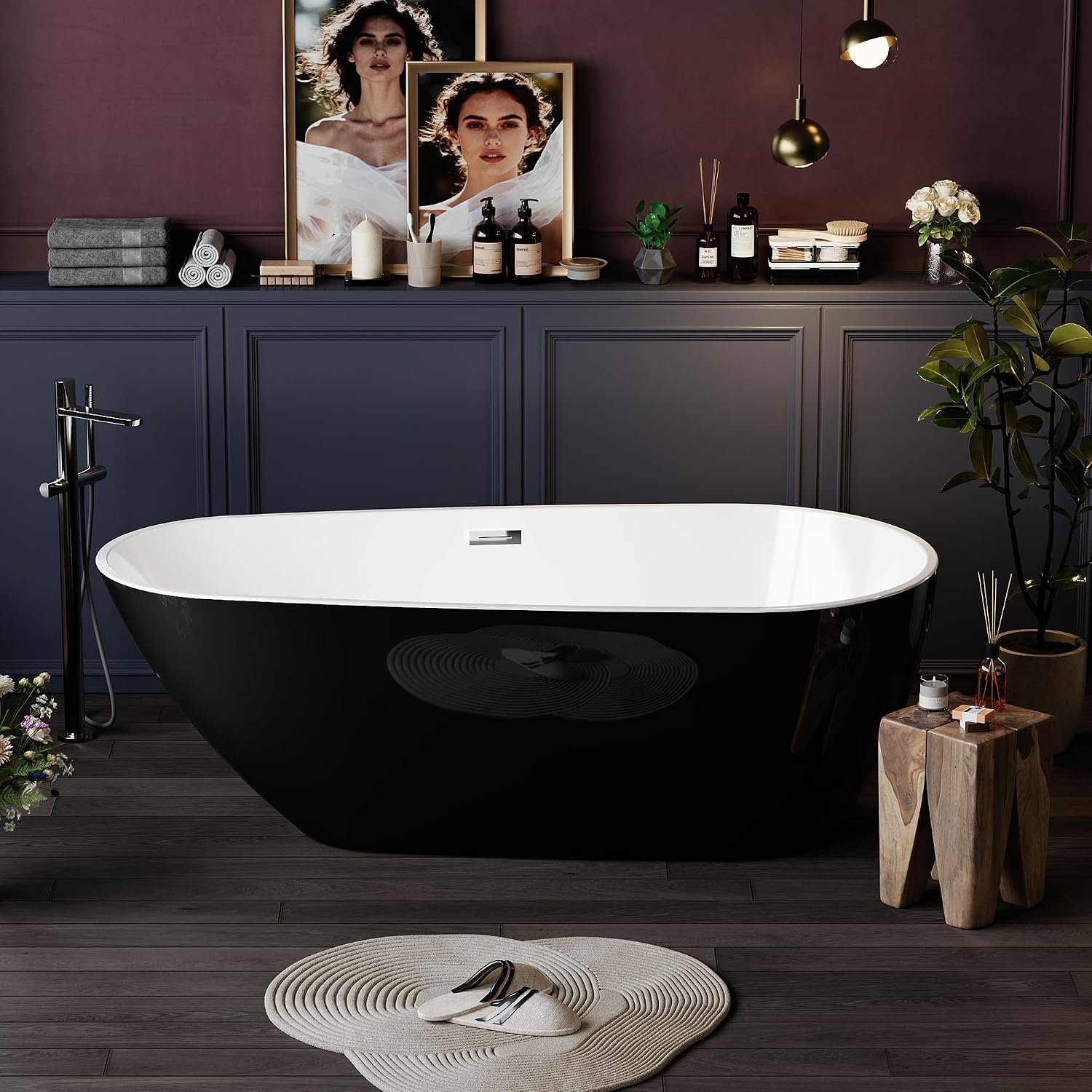 59 Inch Acrylic Freestanding Bathtub, Acrylic Soaking Bathtub with Matte Drain and Overflow, Modern Square Tub, cUPC Certified, Deep Ergonomic Design, Double-Walled Insulation, Easy Installation