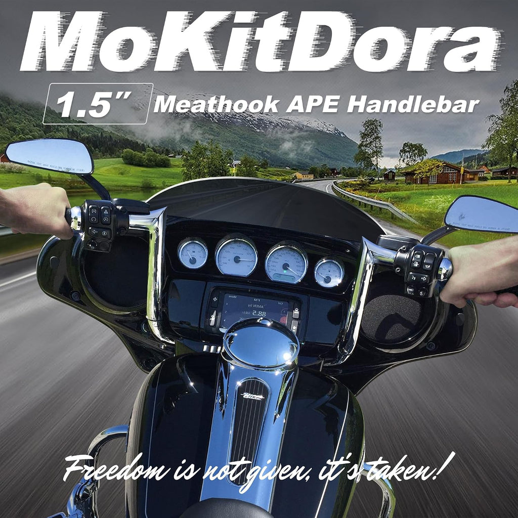 MoKitDora Touring Ape Hanger Meathook Handlebar 12' Rise 1-1/2' Fat 1' Clamp Monkey Bars for Harley 2023-later CVO Street Glide FLHXSE and 2024-later FLHX, Chrome