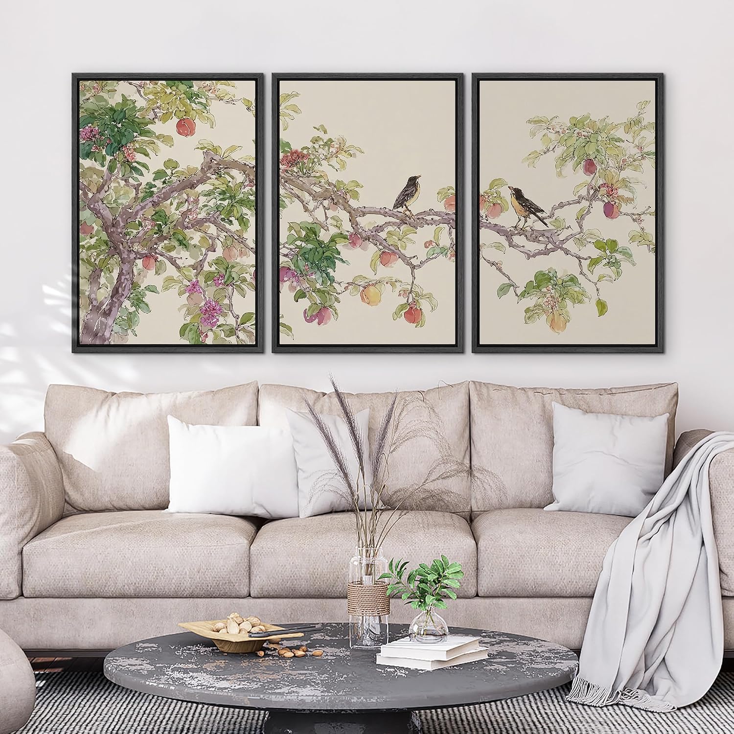 wall26 Framed Print Wall Art Set Watercolor Fruit Tree Branch with Birds Botanical Decorative Minimal Relax/Zen for Living Room, Bedroom, Office - 16'x24'x3 BLACK