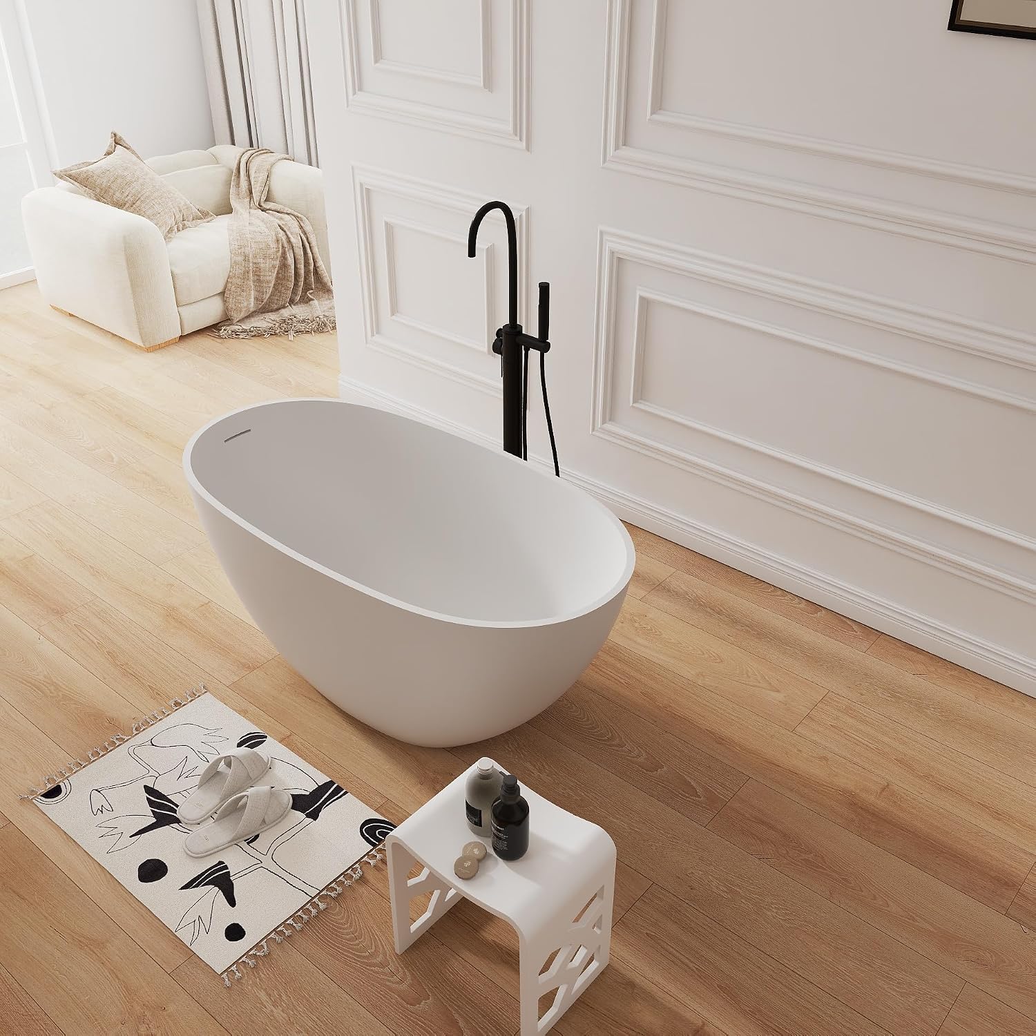 51' Modern Solid Surface Freestanding Bathtub,Oval Shape Stone Resin Soaking Tubs with Pop-up Drain and Overflow, Matte White