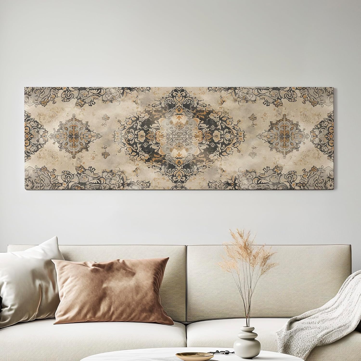 My Sweet Hideout Beige Tapestry Panoramic Wall Art for Above Bed, Panorama Moroccan Canvas Print, Boho Textile Decor Canvas Art 15x45